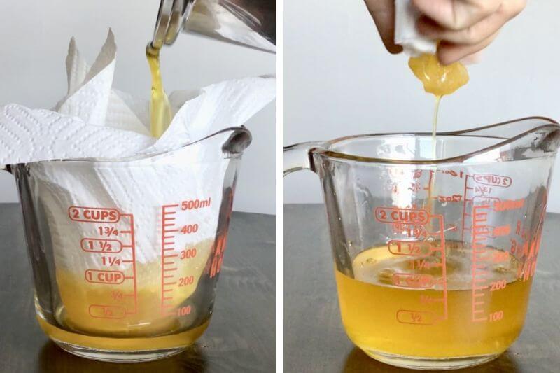 STRAINING GHEE WITH PAPER TOWEL AND A MEASURING CUP 
